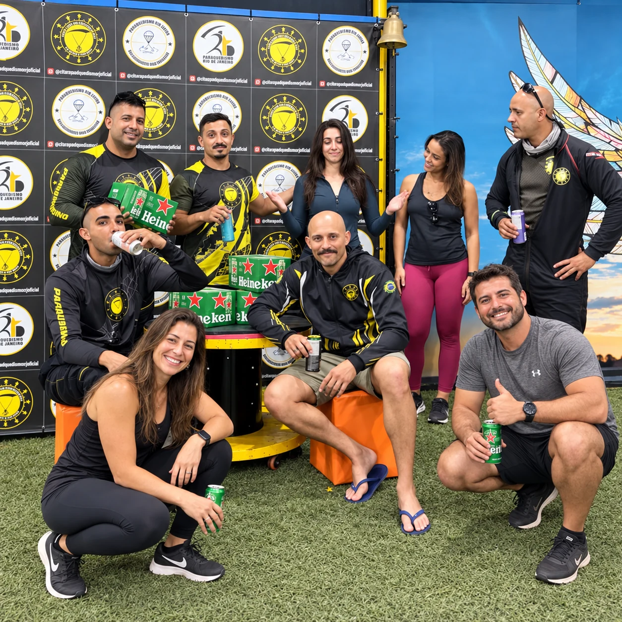 Turma e equipe celebrando a conclusão da formação em paraquedismo
