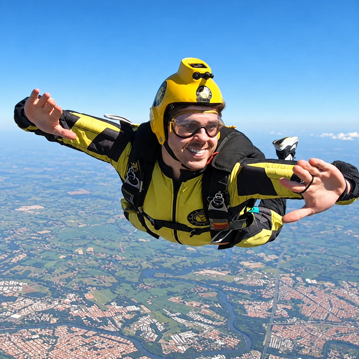 Paraquedista em salto individual sobre a paisagem de Resende